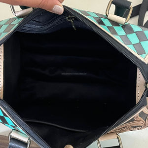Customized <b>Small</b> Cute Hand Tooled Genuine Leather Travel Duffel <b>Bags</b> <b>Women</b> Western Design Checkered Pattern Crossbody Speedy <b>Bag</b> - Product Image 6