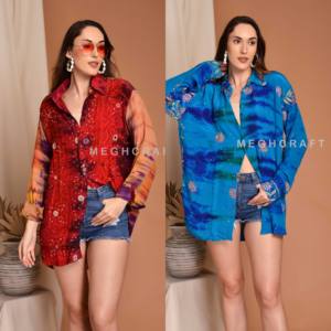 Chemise vintage en soie recyclée ornée de motifs, style sari, pour femme, tie-dye, bohème, tenue de plage, vente en gros, fabricant - Product Image 1