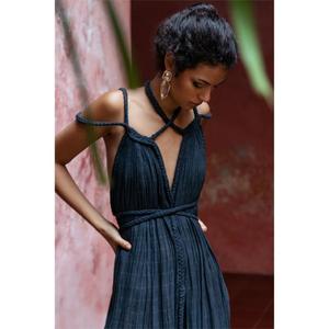Vestido Largo Boho Plisado, Sin Mangas, Cuello Cuadrado, Color Sólido, Tejido de Verano, Cintura Natural, Corte Regular, 100% Algodón - Product Image 2