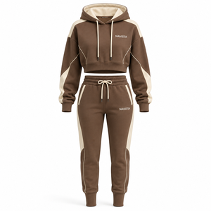 Winter Solid Crop <b>Top</b> Women 2 Piece Hoodies Jogger Set 100% Cotton Thick 360gsm Rhinestone Embroidery Fleece Streetwear Boxy - Product Image 2