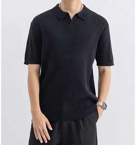 Polo de punto acanalado vertical para hombre con cuello abierto, corte atlético 2026, en colores verde oliva, negro, blanco y marrón, ropa casual, elegante y de negocios HD - Product Image 2