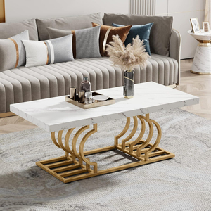 Classic Rectangular Coffee <b>Table</b> with Luxurious <b>White</b> Faux Marble Top and Gold Metal Trestle Frame for Living Room Center Decor - Product Image 6