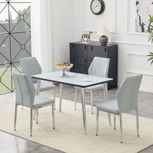 Set Tavolo e Sedie Bianco Effetto Marmo con Piano in Vetro, Base in MDF e Gambe Affusolate in Metallo Argento per Ristoranti, 4 Pezzi - Product Image 1
