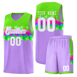 Conjunto de Uniforme de Baloncesto Personalizado Verde Blanco Morado con Estampado por Sublimación, Transpirable, de Poliéster, para Adultos Unisex, con Número - Product Image 1