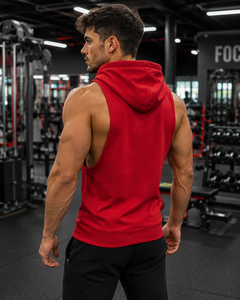 Sweat-shirt à capuche sans manches rouge pour homme avec poche, coupe classique, vêtements de sport décontractés - Product Image 3