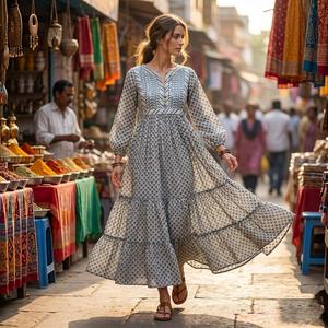 Robe longue bohème imprimée pour femme, taille naturelle, col en V, manches bouffantes, coupe trapèze étagée, ample, 100 % coton, tenue décontractée d'été - Product Image 1