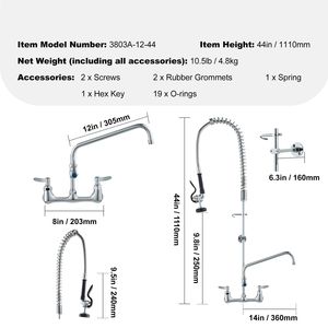 Grifo industrial de latón de 44 pulgadas de altura para montaje en pared, con caño giratorio de 12 pulgadas y rociador extensible de 8 pulgadas, para cocina con fregadero simple/doble. - Product Image 5