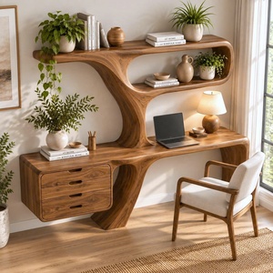 Bureau mural moderne artisanal en bois avec étagères en forme d'arbre et tiroir pour bureau à domicile, étagère en bois massif naturel - Product Image 4