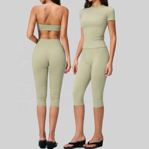 Olive Green 2 Piece Yoga Set Deep V Neck Halter <b>Crop</b> <b>Top</b> High Waist Knee Length Leggings Seamless Solid Color Sport Wear - Product Image 6