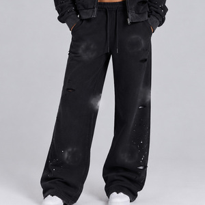 Pantalon large déchiré noir délavé à l'acide pour femme, style streetwear, coupe ample, en molleton tricoté - Product Image 4