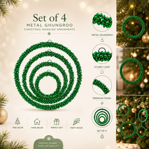 Set of 4 Metal Ghungroo Christmas Hanging Ornaments | Green Circle Shape Xmas Festival Decor for Tree Home Party Decoration - Product Image 5