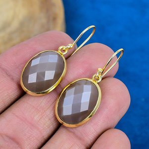 Natural Handmade Grey Moonstone Oval Shape Gemstone Drop <b>Earrings</b> 18k Micron Gold Over 925 Sterling Silver - Product Image 3