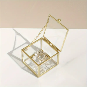 <b>Large</b> Square Glass Luxury Jewelry <b>Box</b> Enamel Butterfly Design Pink/Purple Silver Metal Edging Magnetic Closure Durable Portable - Product Image 1