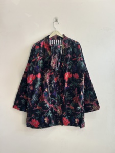 Veste blouson en velours à imprimé floral, manches longues, manteau d'automne pour femme avec ceinture, design plissé - Product Image 5