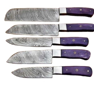 Ensemble de 5 couteaux de chef professionnels écologiques multifonctions en acier inoxydable avec manche en bois coloré - Product Image 1
