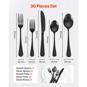 Set di posate nere da 30 pezzi, finitura a specchio, 6 utensili da tavola in acciaio inossidabile per alimenti, lavabili in lavastoviglie - Product Image 2