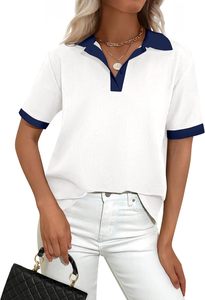 Polo de Manga Corta Color Verde Oliva para Mujer, Tejido de Punto, Cuello con Ribete Blanco, Estilo Casual, Largo Regular - Product Image 4