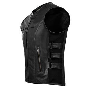 Chaleco de Cuero Genuino para Hombre, Estilo Motociclista, Cuello Alto, Cierre de Cremallera, Color Sólido, Largo Regular - Product Image 2