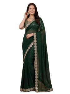 Sari de Fiesta en Faux Georgette con Lentejuelas y Bordado Codding, con Espejos Reales, Sari de Boda, Ropa Étnica Tradicional - Product Image 2