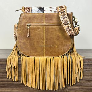 Sac à bandoulière à franges de couleur unie en cuir repoussé à la main à la mode pour les cheveux de grande capacité des femmes sur le sac de messager en cuir véritable - Product Image 5