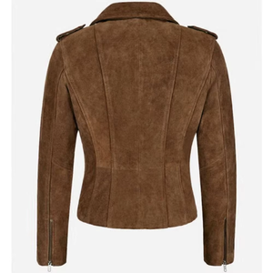 Women's Brown <b>Suede</b> Moto <b>Jacket</b> Full Sleeve Turn-down Collar Zipper Closure Autumn Style Sample Service Available - Product Image 6