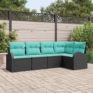 Ensemble de canapés de jardin en polyrotin noir et turquoise, 5 pièces - Product Image 1