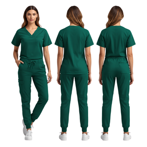 Tenue médicale premium pour femme vert émeraude, uniforme de soins extensibles avec haut moderne à col en V et pantalon jogger - Product Image 3