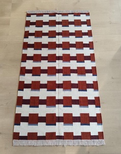 Handwoven <b>wool</b> kilim rug with <b>red</b> geometric block pattern on ivory base, modern design, durable, lightweight, - Product Image 5