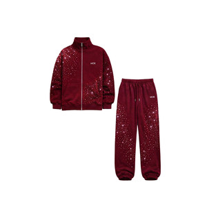 Custom Logo Burgundy Sparkly Full Zip <b>Rhinestone</b> Oversized <b>Jacket</b> Baggy Sweatpants Men 450GSM Heavy Fleece Hip Hop Bling Hoodies - Product Image 2