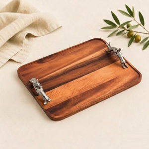 Handcrafted Acacia Wood Serving Tray With Artisan Pewter Hopping <b>Bunny</b> Handles Luxury Rectangular Decorative Platter For Home - Product Image 1