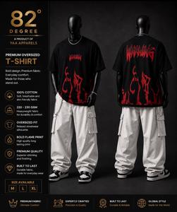 T-shirt en jersey noir surdimensionné pour homme 82 Degree avec imprimé flamme rouge 100% coton style streetwear manches courtes col rond M L XL - Product Image 1