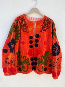 Veste en velours brodée à la main, style Suzani, orange, matelassée, style bohème, veste en velours brodée - Product Image 3