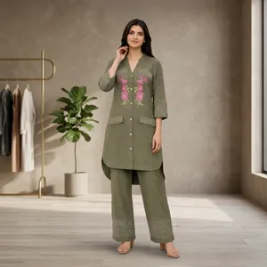 Women's Olive Green Embroidered <b>Linen</b> Cotton Kurta <b>Set</b> Three Quarter Sleeve Floral Design Casual Spring Summer Outfit - Product Image 6