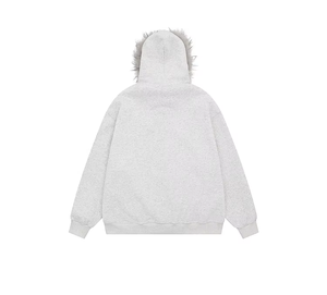 Sudadera con capucha unisex de invierno con cremallera, estilo grunge rock, con capucha de piel sintética, estilo oversize vintage, ropa urbana con logo frontal y tejido de punto. - Product Image 3