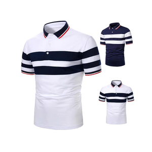 Polo homme bleu marine à rayures, manches courtes, tricoté, décontracté, avec bordure blanche et rouge. - Product Image 6