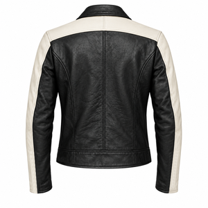 Veste de motard en cuir véritable noir et blanc pour homme avec fermeture éclair asymétrique, manches contrastées et poches zippées - Product Image 2