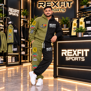 Rexfit sports2026 Custom Olive <b>Green</b> <b>Black</b> Men’s Zip Hoodie Tracksuit Set | Color Block Matching Jogger Pants | Wholesale Sports - Product Image 2