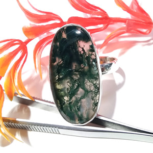 Natural Moss Agate Gemstone Ring <b>Solid</b> 925 Sterling <b>Silver</b> Ring Adjustable Oval Statement Ring for Women - Product Image 3