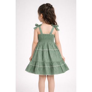 Vestido Casual de Algodón Tejido para Niñas, con Lazos en los Hombros, Color Verde Salvia - Product Image 3