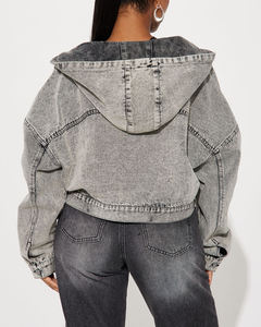 Chaqueta Corta de Mezclilla con Capucha para Mujer, Estilo Clásico Casual, Elástica, Ecológica, Reversible, Manga Larga, Cuello con Capucha, Primavera Invierno - Product Image 3