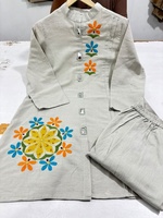 Ensemble coordonné en coton crème brodé de fleurs pour femmes, avec pantalon assorti, vêtements ethniques traditionnels, style Inde Pakistan, décontracté