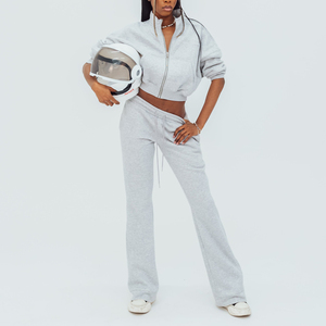 Women's Gray Two Piece Tracksuit Set <b>Crop</b> Top With Half <b>Zip</b> And Flare Pants Solid Color Casual Loose Fit Style - Product Image 2