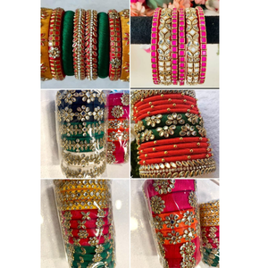 Colección de Brazaletes de Hilo de Seda India al por Mayor - Conjunto de Joyería Étnica con Trabajo Kundan Multicolor - Brazaletes para Novias y Festividades al por Mayor - Product Image 3