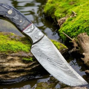 Couteaux de chasse professionnels pour l'extérieur avec lame fixe à crochet de dépecage, manche en bois, rivets en laiton et étui en cuir marron gaufré - Product Image 4