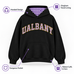 Sweat-shirt à capuche noir pour femme UAlbany, imprimé à carreaux, en polaire, manches longues, style décontracté, style automne - Product Image 5