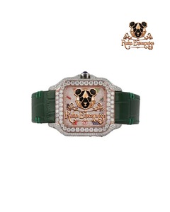 Montre à quartz rectangulaire de luxe avec boîtier en acier inoxydable serti de strass, bracelet en cuir vert, affichage analogique, unisexe - Product Image 1