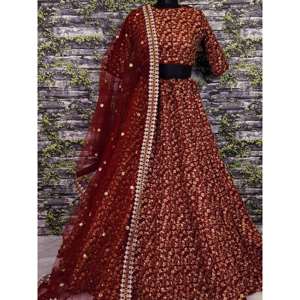 Elegante Lehenga de Seda Cruda Bordada en Color Granate de Diseñador, Semi Cosida, por Zeel Clothing - Product Image 5