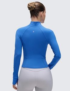 Top Corto Azul para Mujer, Manga Larga, Cuello Alto, Transpirable, Poliéster, Deportivo, Color Sólido, Corte Ajustado, Diseño Pullover - Product Image 2