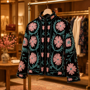 Veste en velours chaud pour femmes, broderie florale Suzani, faite à la main, en coton ethnique, doublée, manches longues, pour le printemps, l'automne et l'hiver - Product Image 4