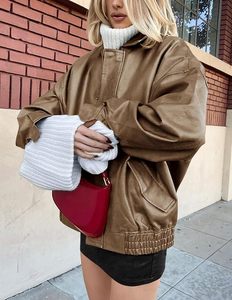 Women's PU Leather Bomber Jacket Full Sleeve <b>Zipper</b> Closure Turn-down Collar Autumn Style Solid Color Regular Fit - Product Image 4